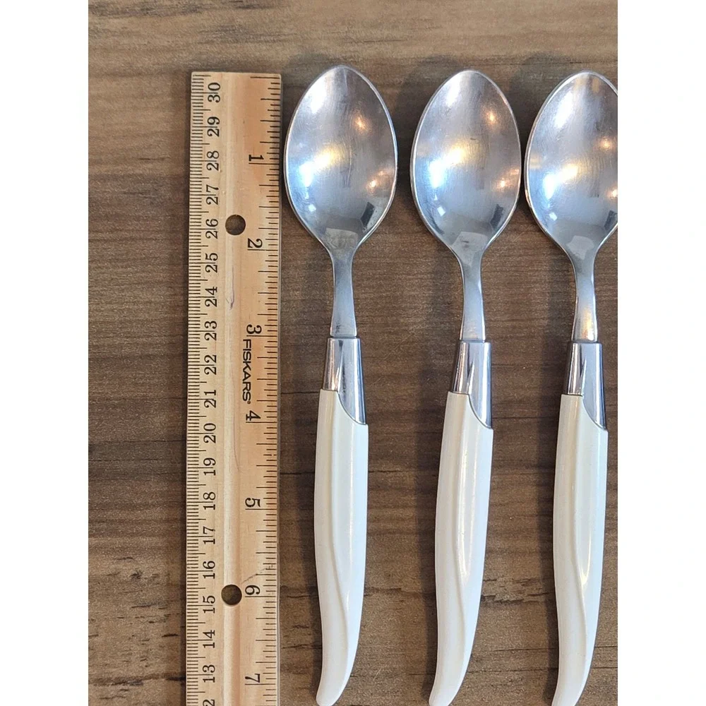 Vintage Robinson USA Stainless Steel Teaspoon Lot of 6 White Handle MCM Retro